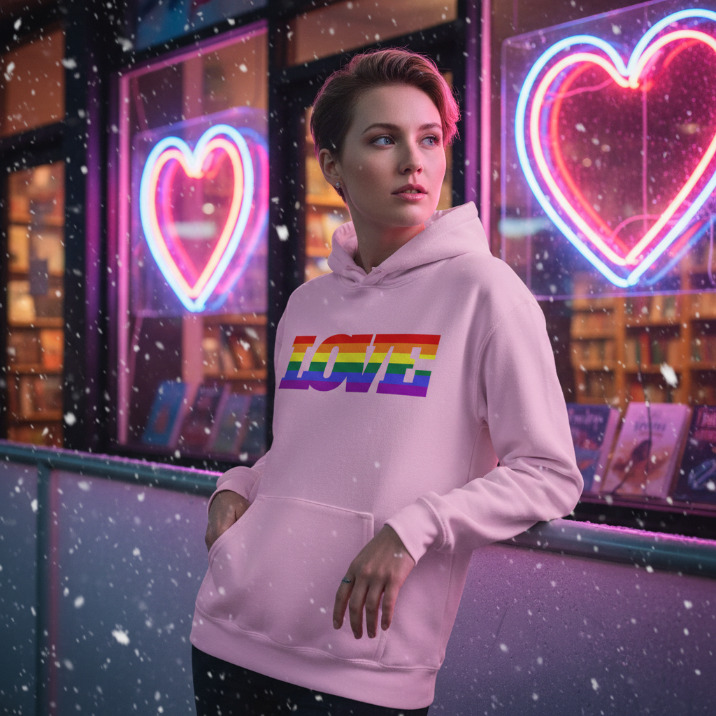 Young person in a pale-pink LOVE rainbow-striped Gay Love Unisex Hoodie, standing outside a shop with neon hearts, embodying cozy, stylish, and inclusive self-expression on a snowy evening.