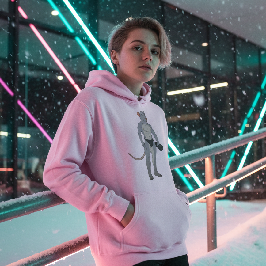Person modeling a pink hoodie with a muscular rat lifting a dumbbell in a snowy neon-lit setting