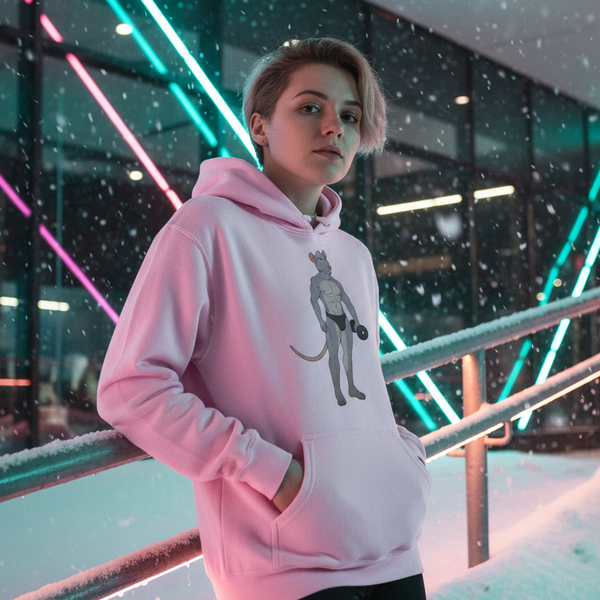 Person modeling a pink hoodie with a muscular rat lifting a dumbbell in a snowy neon-lit setting