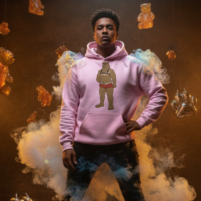 Model wearing a pink hoodie with a bear in red briefs amid colorful smoke and gummy bears