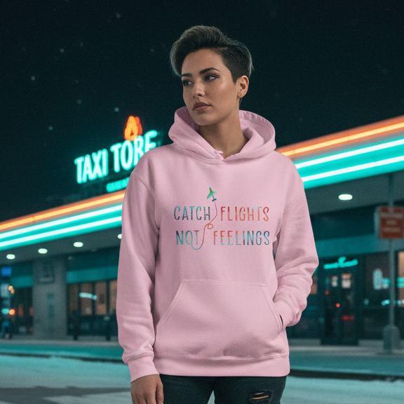 Person modeling a pink hoodie reading “Catch Flights Not Feelings” outside a neon-lit storefront