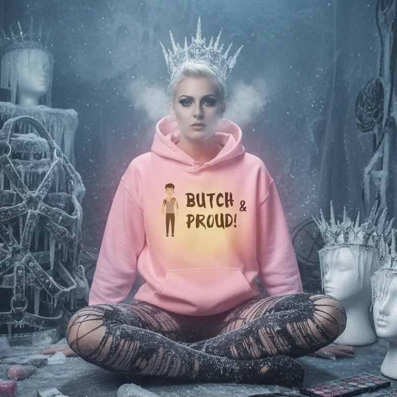 Front-facing model in a pink hoodie reading “BUTCH & PROUD!” in an icy set