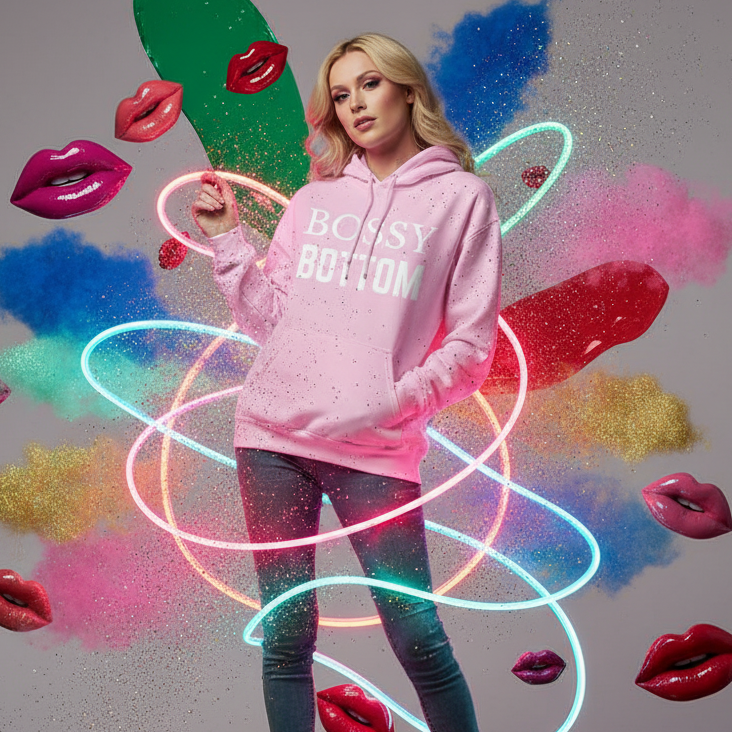 Blonde model wearing a pink hoodie reading “BOSSY BOTTOM” amid colorful lips and neon loops