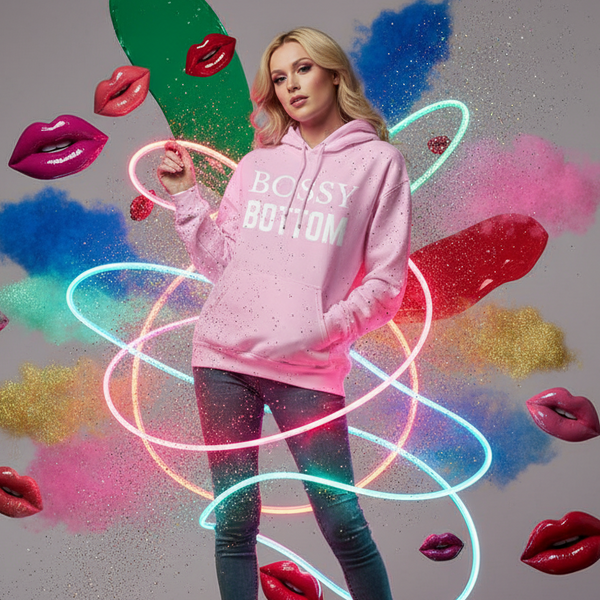Blonde model wearing a pink hoodie reading “BOSSY BOTTOM” amid colorful lips and neon loops