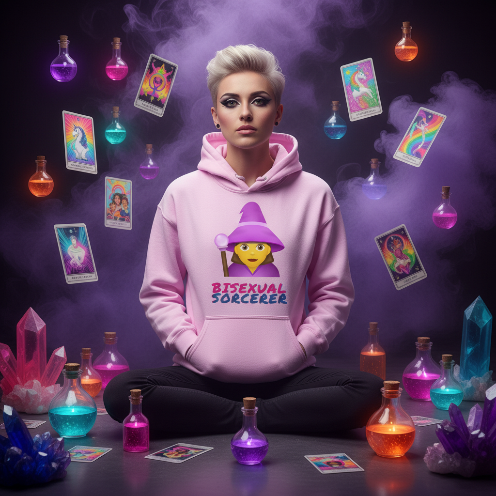 Person seated cross-legged wearing a pink hoodie reading “BISEXUAL SORCERER” with a cartoon witch graphic
