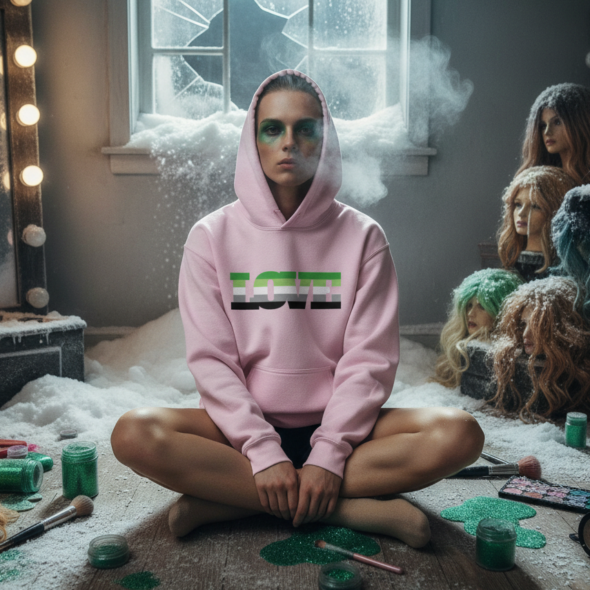 Seated model wearing a pastel pink hoodie with bold green-and-black LOVE lettering