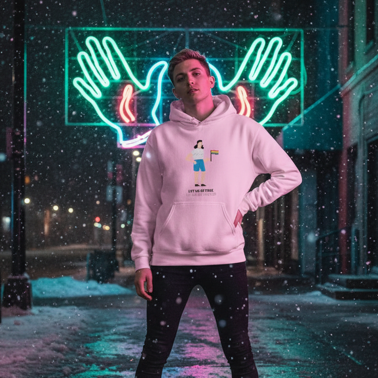 Person wearing the Let Us Be Free Let Us Be Proud Unisex Hoodie featuring a cartoon holding a rainbow flag, standing confidently on a snowy city street, illuminated by vibrant neon lights.