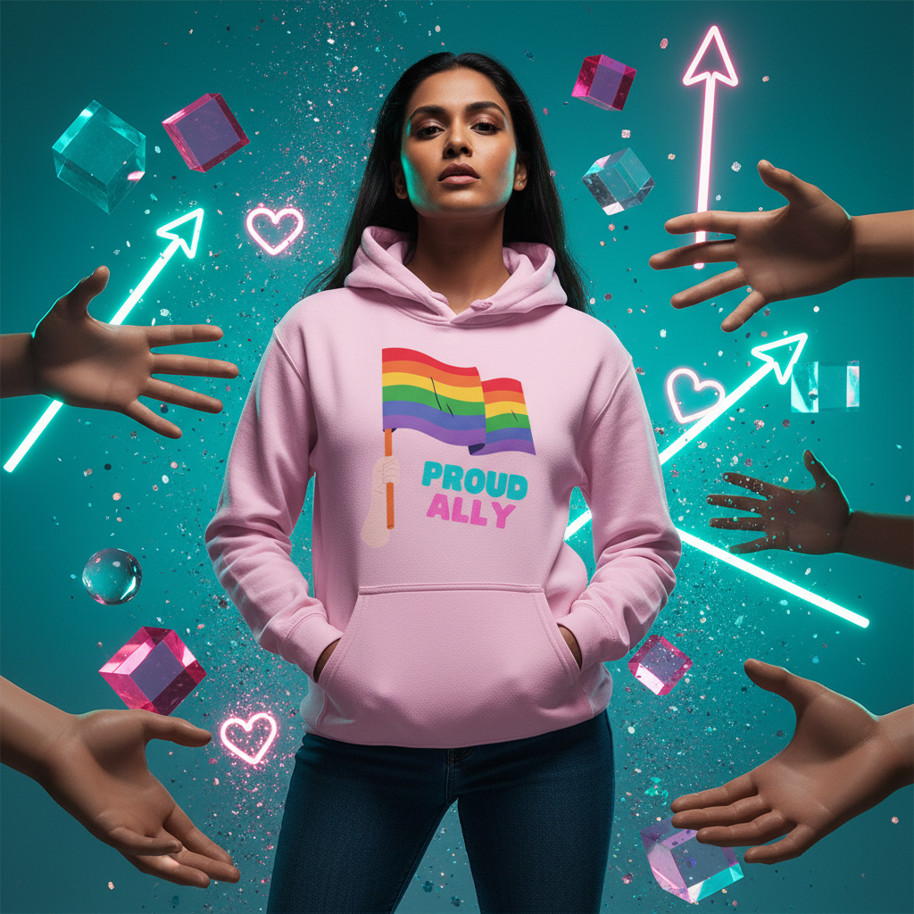 Young woman in a Proud Ally Unisex Hoodie featuring a hand with a rainbow flag, surrounded by vibrant 3D shapes and reaching hands, symbolizing connection and LGBTQ+ pride.