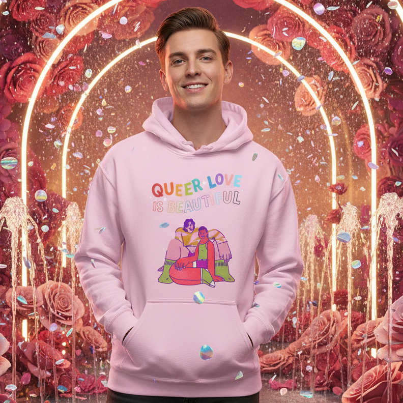 Smiling person modeling a pink hoodie reading “QUEER LOVE IS BEAUTIFUL” with a colorful illustration