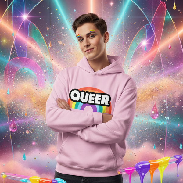 Person in a pink hoodie with bold “QUEER” text over a rainbow graphic