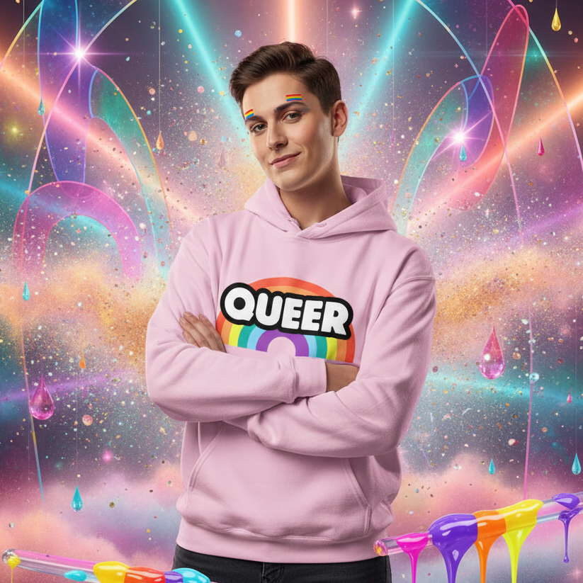 Young person crossing arms, wearing the Queer Rainbow Unisex Hoodie with QUEER and rainbow graphic, vibrant cosmic backdrop, embodying pride and self-expression. Perfect for embracing LGBTQIA+ identity with comfort and style.