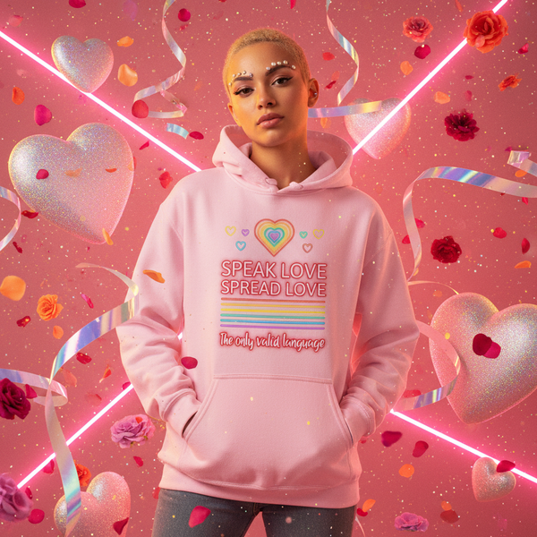 Front-facing model in a pink hoodie reading “SPEAK LOVE SPREAD LOVE” with rainbow hearts