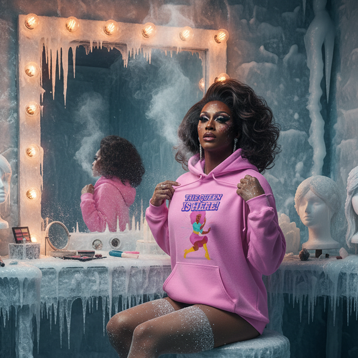 Drag performer in an icy dressing room wears The Queen Is Here Unisex Hoodie, showcasing vibrant self-expression. They embody queer pride with dramatic makeup, surrounded by frosty wigs and makeup tools.