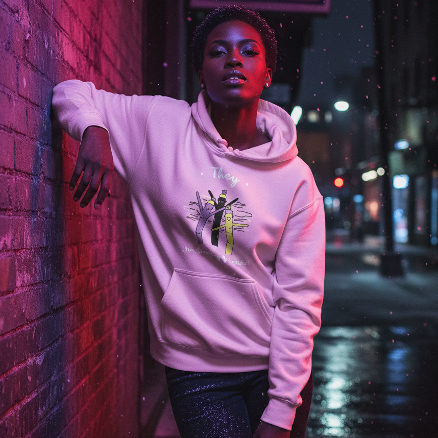 Young woman in a vibrant alley wears the They Non-Binary Friends Unisex Hoodie, showcasing its stylish graphic of colorful abstract figures. This cozy hoodie embodies pride, comfort, and inclusive self-expression.