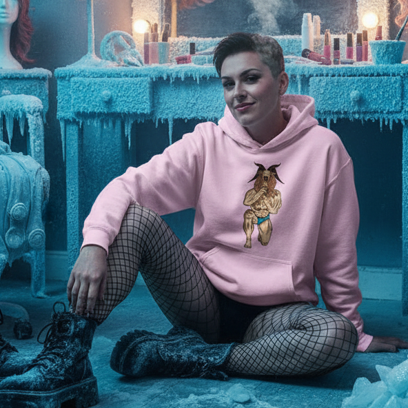 Seated person wearing a pink hoodie with a muscular goat graphic, fishnet tights, and black boots
