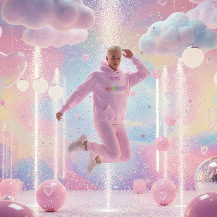 Young person mid-jump in whimsical, pastel fantasy setting, wearing Be Yourself Unisex Hoodie, light pink with rainbow slogan, embodying playful, inclusive self-expression. Perfect for comfortable, empowering pride moments.