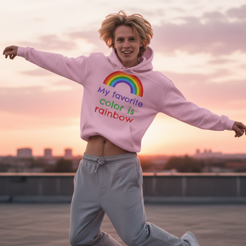 Person wearing a pink rainbow hoodie with “My favorite Color is rainbow” text, arms outstretched