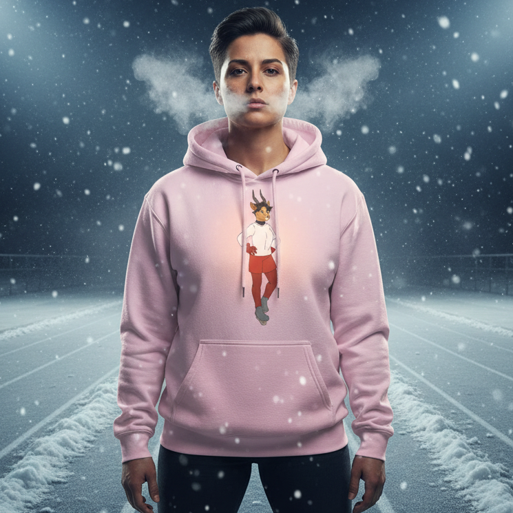 Person on snowy track wearing the Sporty Dyke Unisex Hoodie with anthropomorphic deer print, exhaling visible breath in cold night air. Snow gently falls, highlighting cozy, playful, and inclusive queer fashion.