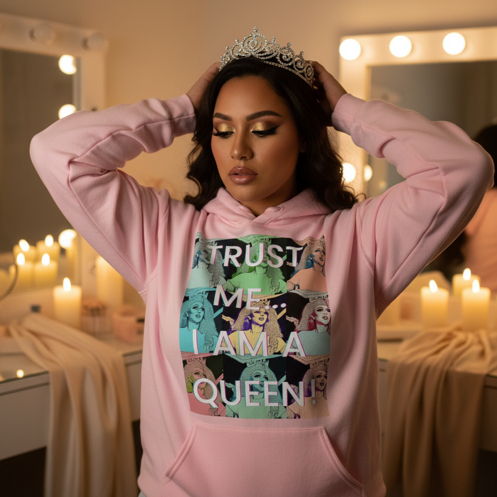 Young woman in a Trust Me I'm a Queen Unisex Hoodie places a jeweled tiara on her hair, embodying empowerment and self-expression with vibrant pop-art style in a glamorous setting.