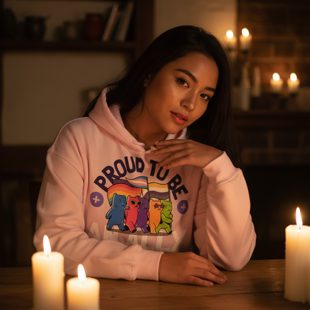 Young woman in a Proud To Be An Ally Unisex Hoodie with cartoon cats and rainbow banner, seated at a candle-lit table, exuding cozy, queer pride and self-expression.
