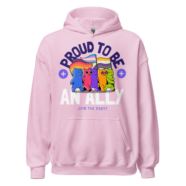Light pink unisex hoodie showing three cartoon bears with progress pride flags, plus “Proud to be,” “An Ally,” and “Queer Magic. Join the Party.”.