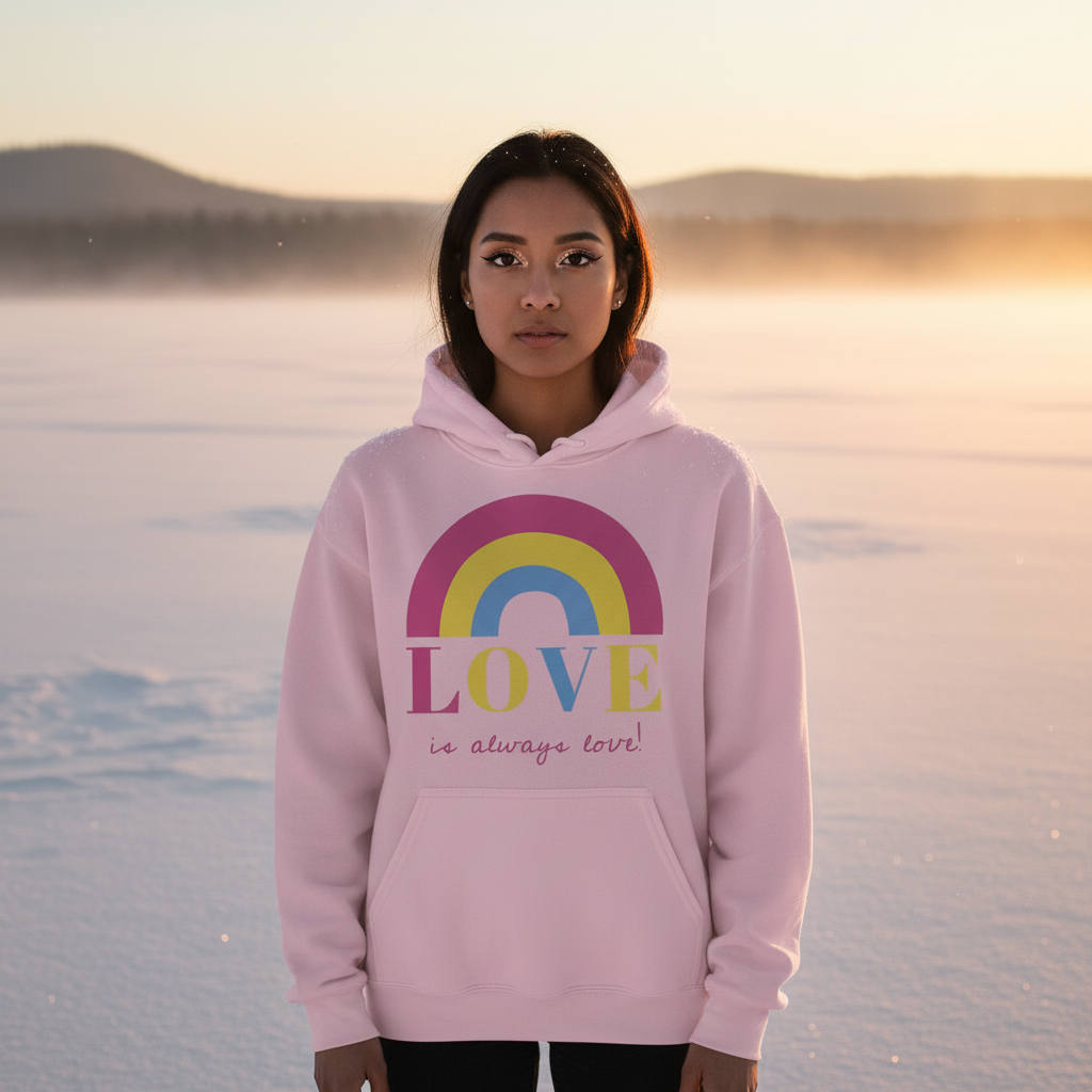 Young adult in a Love Is Always Love! Unisex Hoodie stands on a snowy plain at sunset, embodying vibrant queer pride and empowerment with rainbow graphics and uplifting text.