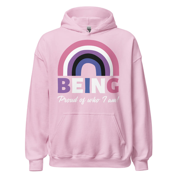 Light-pink Being Proud Of Who I Am! Unisex Hoodie showcasing a vibrant, stylized rainbow and empowering text, celebrating LGBTQIA+ pride. Perfect for comfort, self-expression, and embodying fierce queer energy.