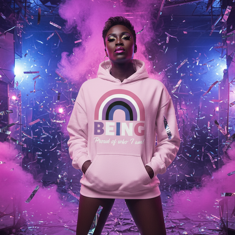 Confident individual in a celebration scene wears the Being Proud Of Who I Am! Unisex Hoodie, showcasing a bold, rainbow graphic and slogan, embodying queer pride, empowerment, and self-expression.