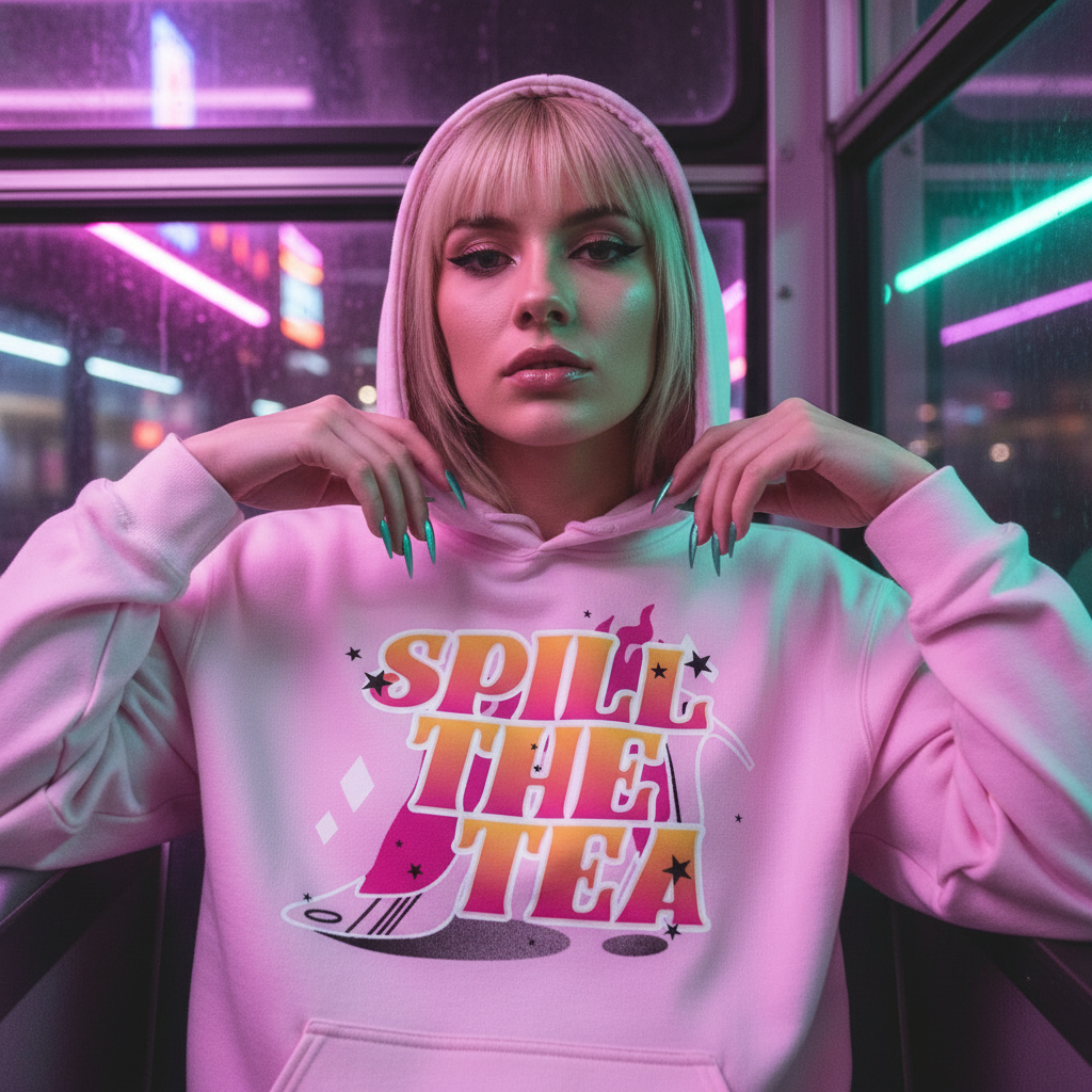 Young woman in neon-lit diner wearing the Spill The Tea Unisex Hoodie with SPILL THE TEA and teacup graphic, embodying cozy queer magic and empowerment with vibrant self-expression.