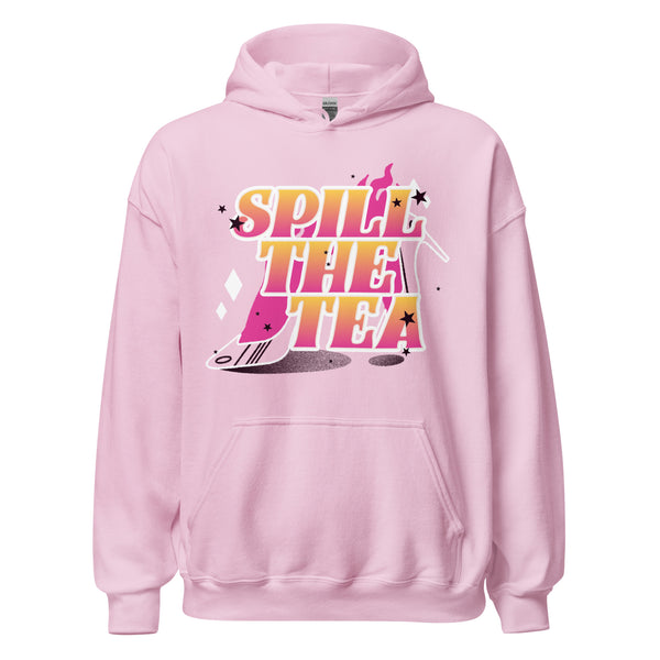 Light-pink Spill The Tea Unisex Hoodie featuring a bold retro graphic with a tipped cup, gradient text, and star accents. Celebrates LGBTQIA+ pride with cozy, empowering style.