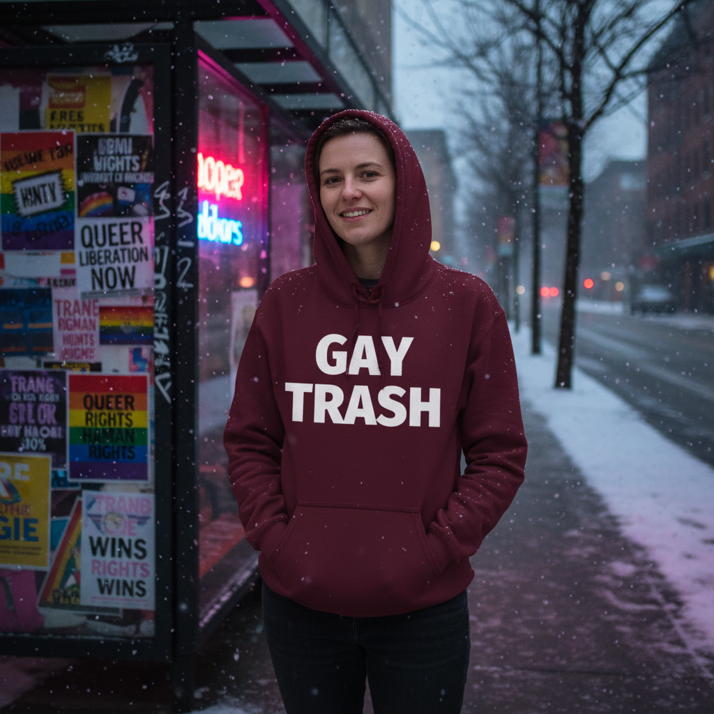 Maroon hoodie with white “GAY TRASH” text, worn outdoors in falling snow