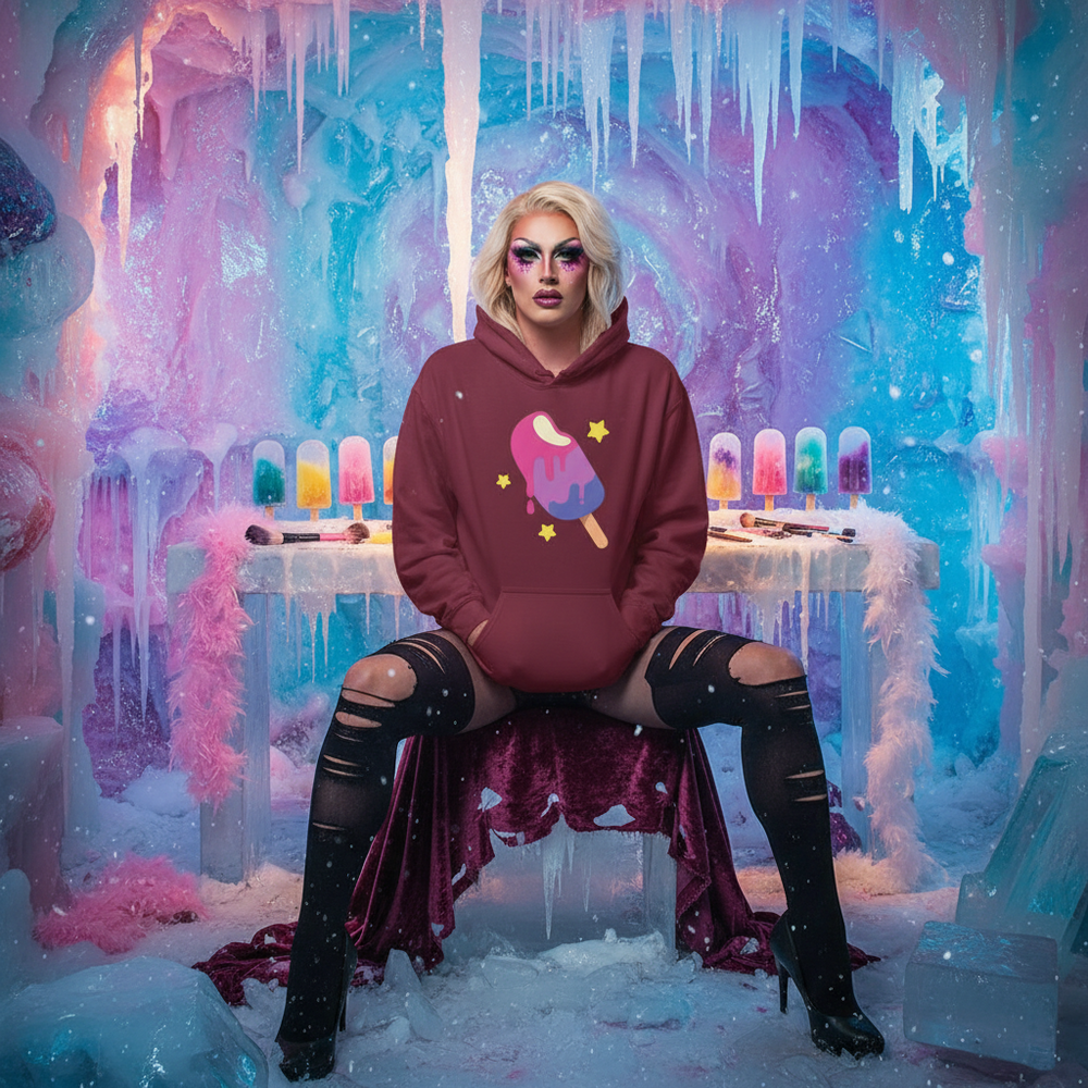 Person in drag makeup wearing a burgundy popsicle-print hoodie in an icy pastel set