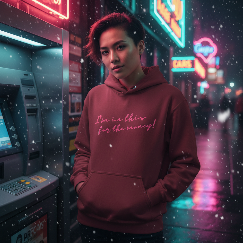 Person in a burgundy hoodie reading “I’m in this for the money!” on a snowy neon-lit street