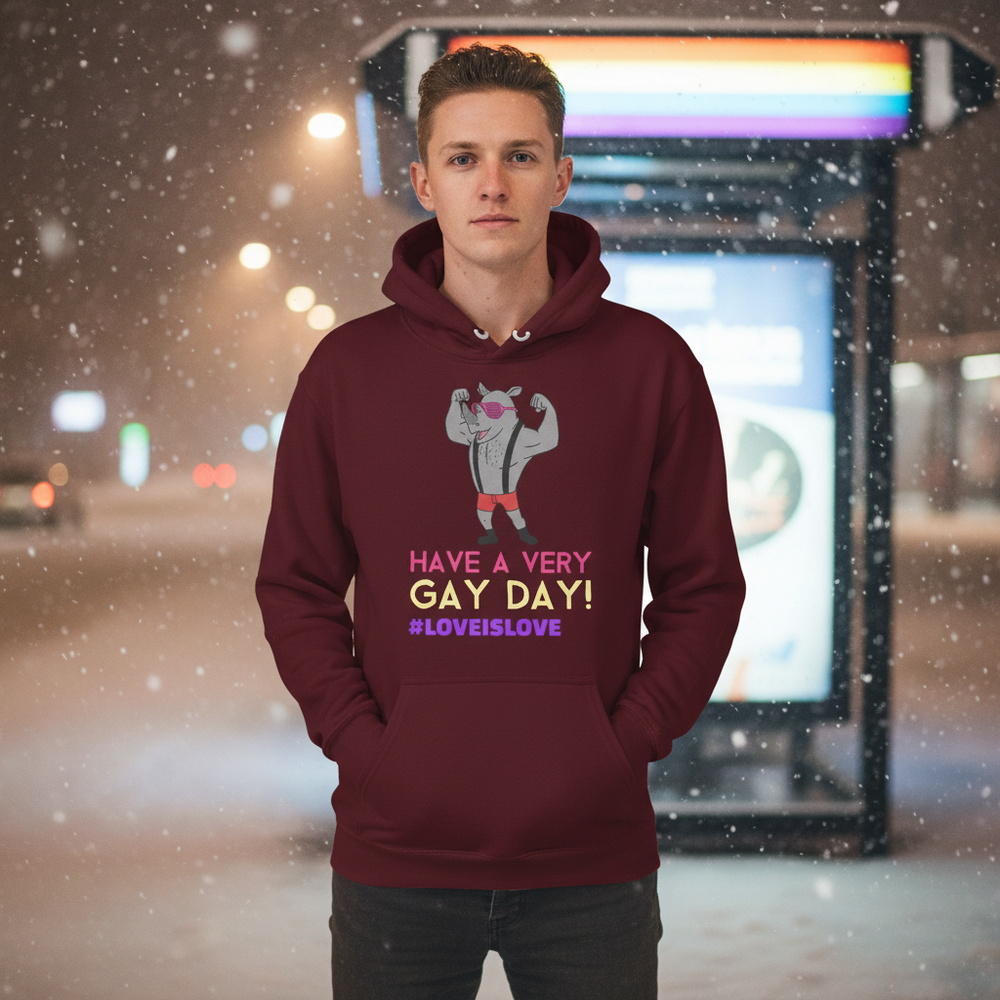Front-facing model wearing a burgundy hoodie with a flexing rhino and “Have a Very Gay Day!” text