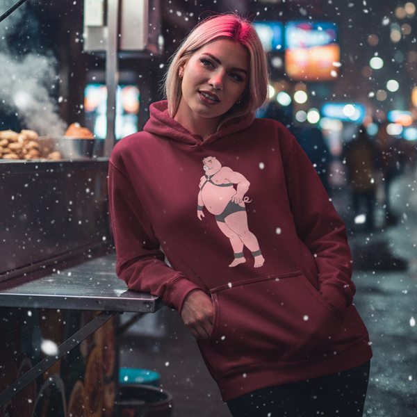 Person in a burgundy hoodie with a cartoon pig in briefs, standing by a snowy city food stall