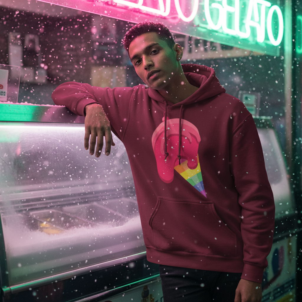 Young man in a maroon Gay Icecream Unisex Hoodie, featuring a rainbow melting ice-cream cone design, leans against a gelato case. Neon GELATO sign and snowfall effect enhance the vibrant, queer scene.