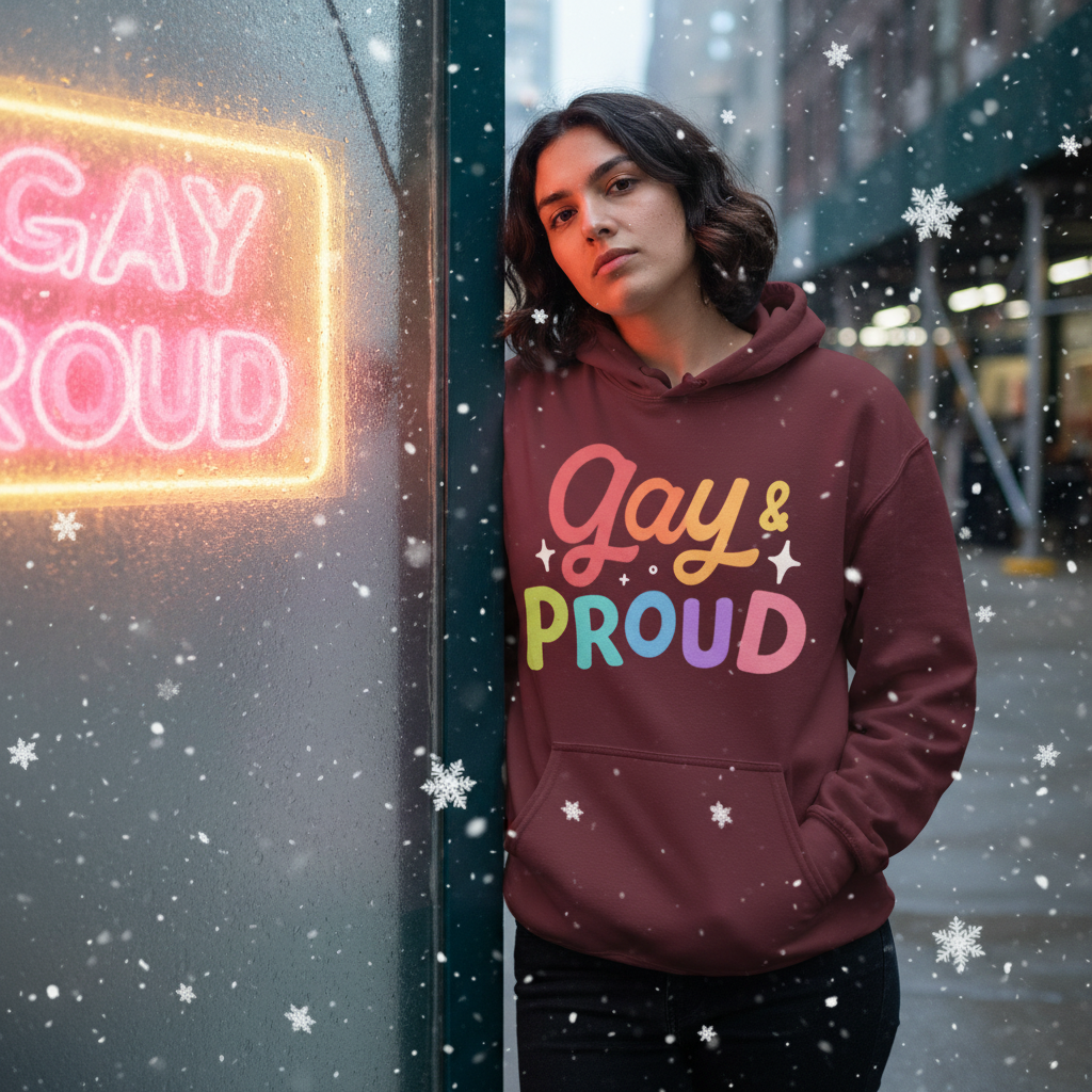 Young person in a maroon Gay & Proud Unisex Hoodie on a snowy city sidewalk, embodying bold pride and joyful self-expression.