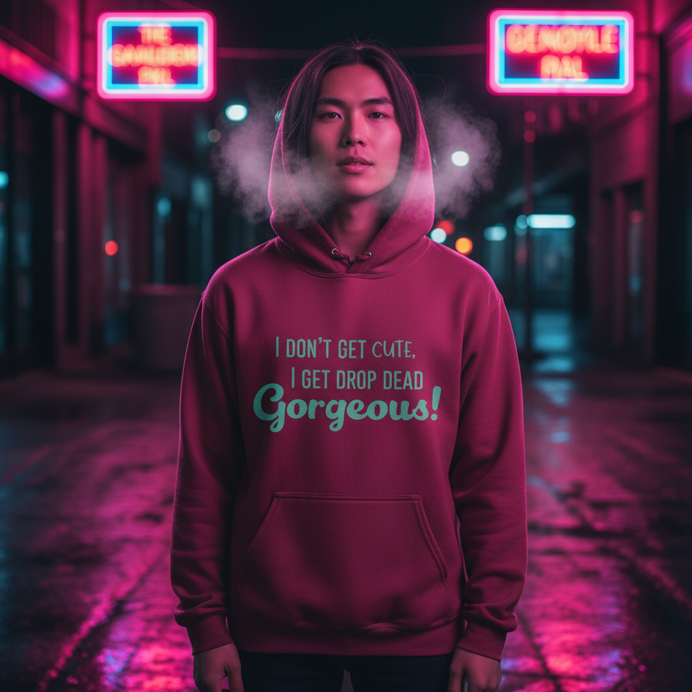 Person wearing a magenta hoodie with teal “I Don’t Get Cute, I Get Drop Dead Gorgeous!” text