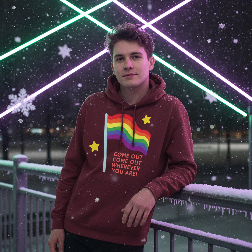 Young person in a snowy night scene wears the Come Out Come Out Unisex Hoodie with rainbow flag print, embodying queer pride and visibility, leaning against a snow-frosted railing with neon lights behind.