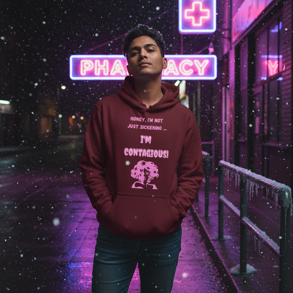 A young person stands confidently in an I'm Contagious Unisex Hoodie, embodying vibrant self-expression and pride under a neon pharmacy sign, reflecting bold magenta and purple hues against the snowy city backdrop.