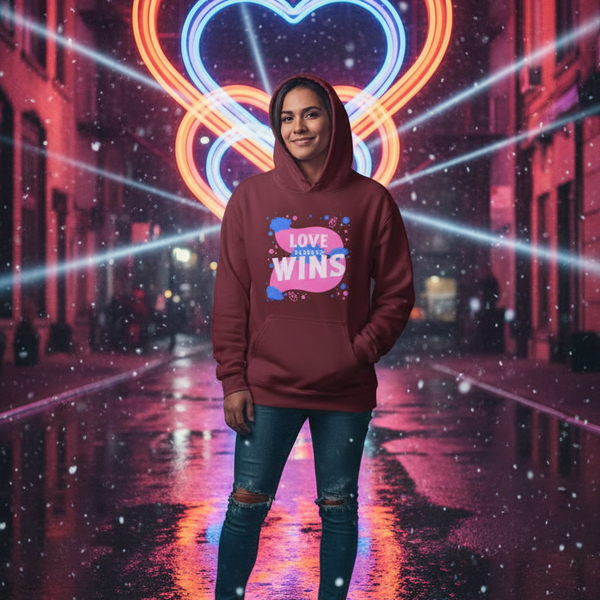 Person wearing a burgundy hoodie reading “LOVE ALWAYS WINS” on a neon-lit rainy street