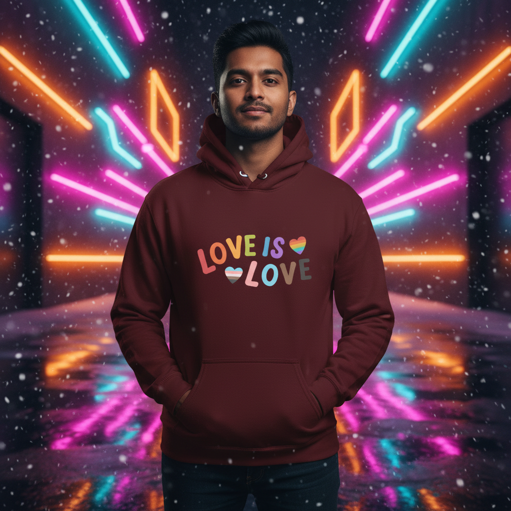 Model wearing a burgundy hoodie reading “LOVE IS LOVE” with rainbow and striped hearts