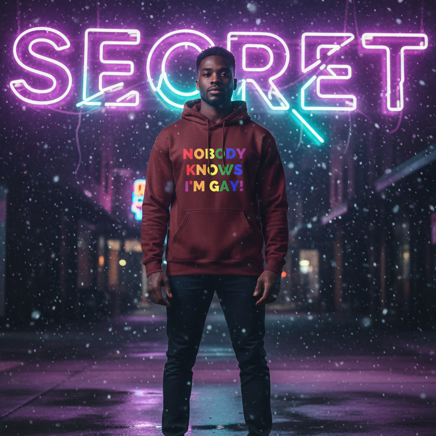 Front-facing person in a burgundy hoodie reading “NOBODY KNOWS I'M GAY!” in a snowy neon-lit street