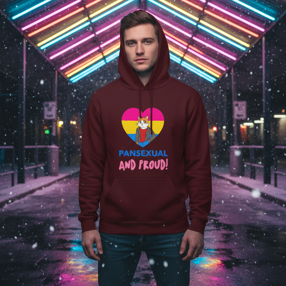 Front-facing person wears a burgundy hoodie with a pansexual heart and cat graphic.