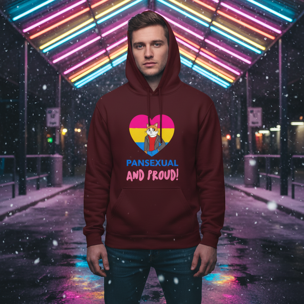 Front-facing person wears a burgundy hoodie with a pansexual heart and cat graphic.
