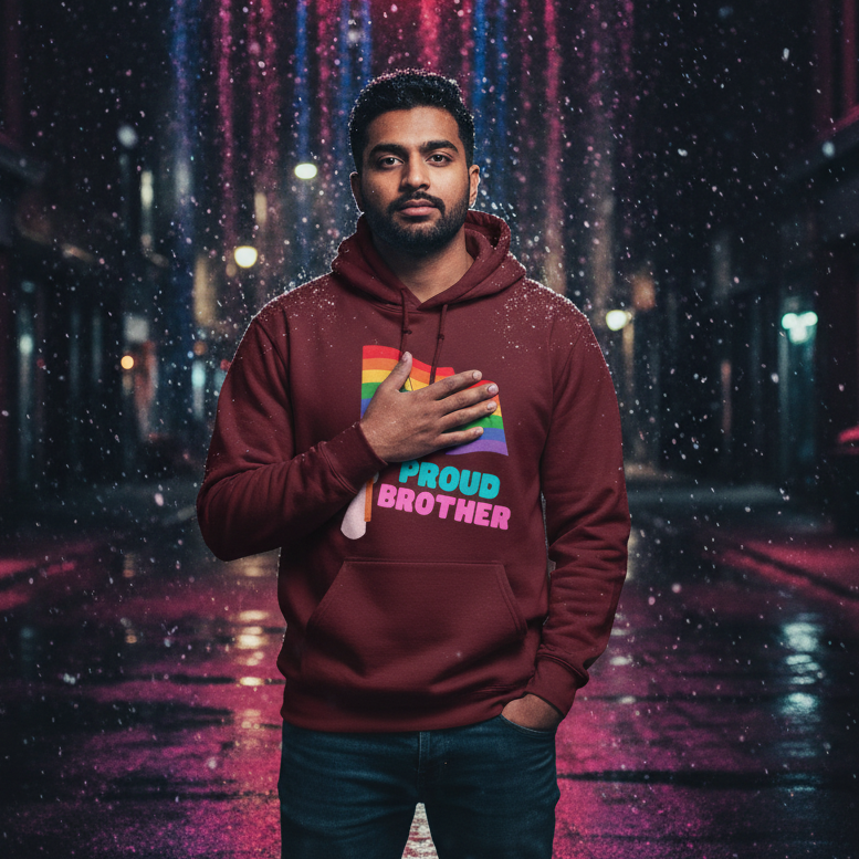 Young man in a burgundy Proud Brother Unisex Hoodie, featuring a rainbow-striped flag and bold lettering, stands confidently on a neon-lit street, embodying pride and self-expression amidst soft falling rain or snow.