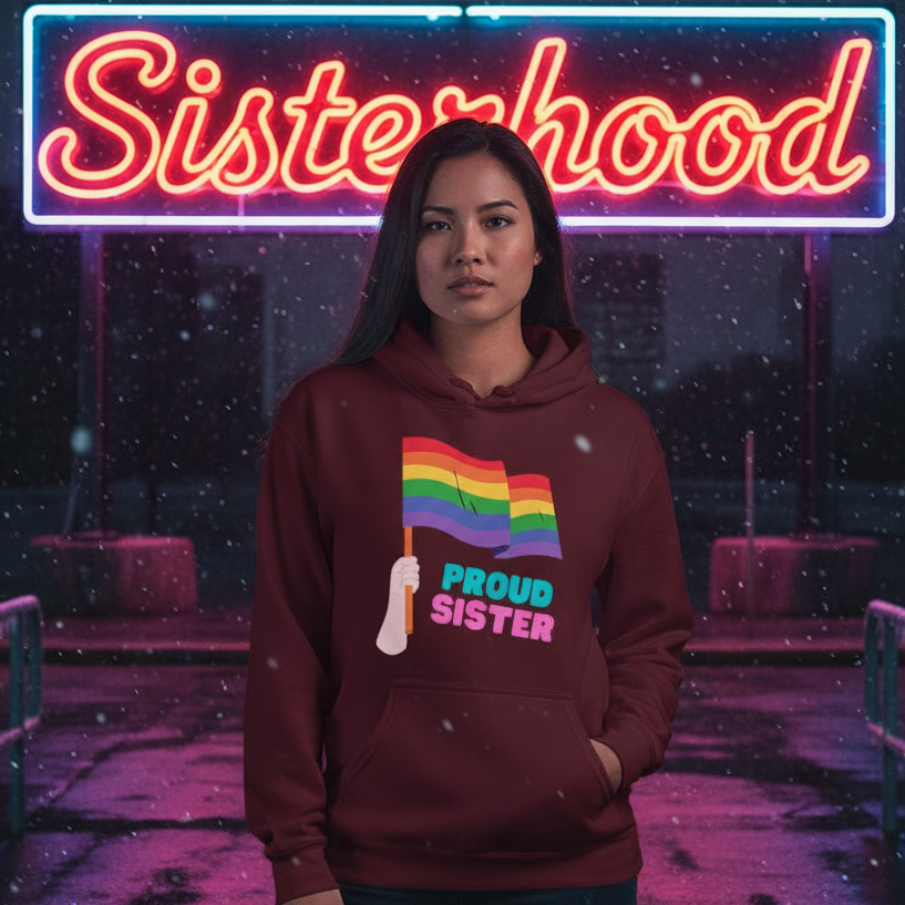 person wearing a burgundy hoodie with rainbow flags and “PROUD SISTER” text
