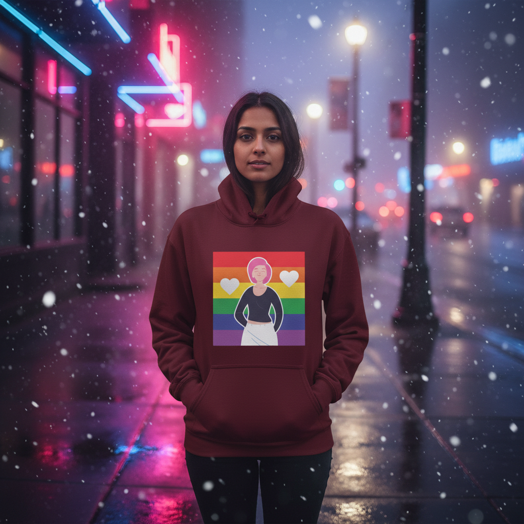 Person wearing a burgundy hoodie with a rainbow-striped heart and figure graphic in a snowy neon-lit street