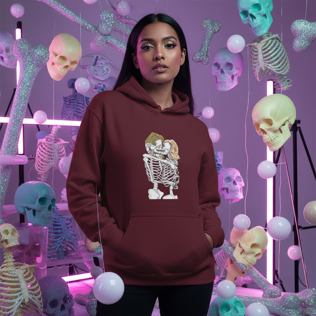 Model wearing a burgundy hoodie with an embracing skeleton couple graphic amid colorful skeleton props