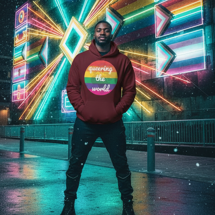 Young man wearing the Queering The World Unisex Hoodie stands on a snowy street, exuding pride and style. The hoodie features a round rainbow-striped graphic promoting LGBTQIA+ visibility and empowerment.